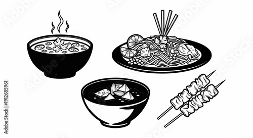 A black and white illustration of various Asian dishes, including noodles, soup, and skewers