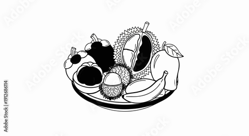 A black and white illustration of various tropical fruits arranged on a platter