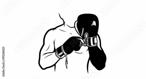 A black and white illustration shows a boxer with gloves up protecting his face