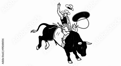 A cowboy rides a bucking bull, his hat flying off