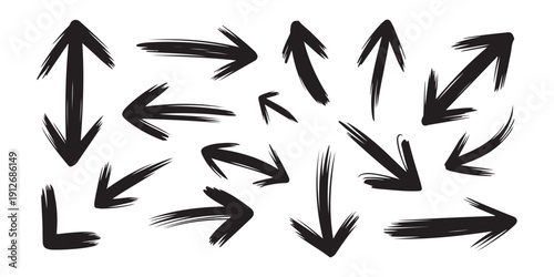 Distressed black ink arrow set with messy dry brush textures for navigation icons and rustic design elements art