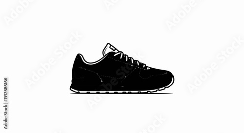 A black and white outline drawing of a single athletic shoe