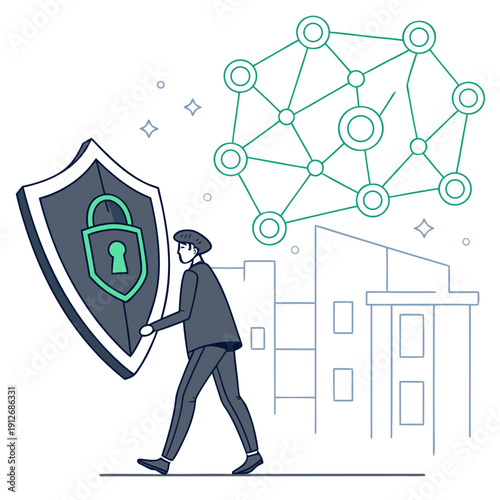 Modern vector cybersecurity shield protecting business data store