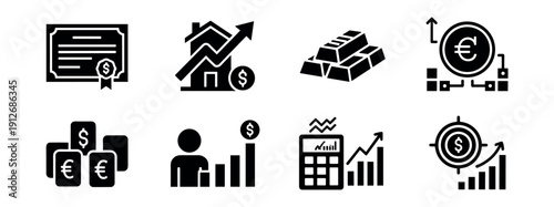Finance and investment monochrome icons set