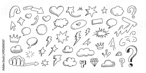 Hand drawn doodle icons set with speech bubbles stars clouds hearts and comic book elements for creative layouts