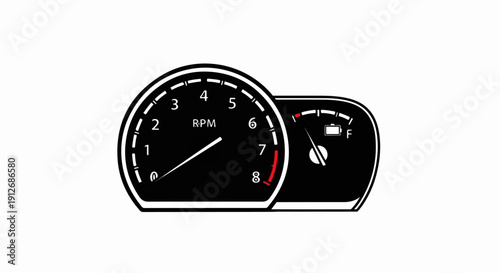 A black tachometer and fuel gauge display, showing engine RPM and fuel level