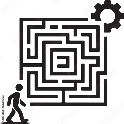Conceptual illustration of a person navigating a complex maze towards a mechanical gear solution isolated on white background, illustration