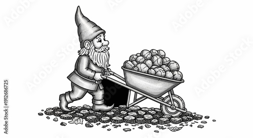 A charming gnome pushes a wheelbarrow filled with round items on a path of wood slices