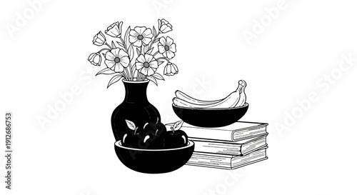 A black vase holds a bouquet of flowers. Fruit bowls of apples and bananas sit nearby