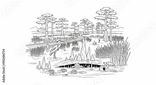 A detailed line drawing of a swampy wetland with cypress trees and a boardwalk