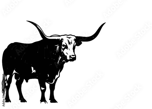 A black and white silhouette of a bull with long, curved horns