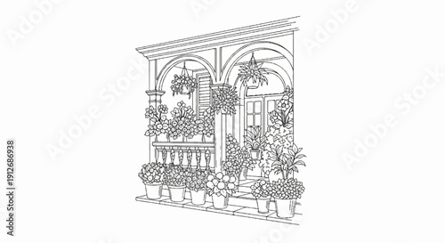 A charming sketch of a flower-laden balcony with potted plants and hanging baskets
