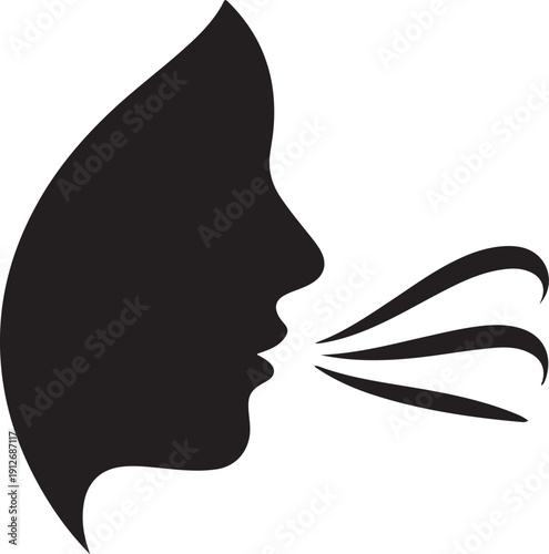 Black silhouette of a human face profile with air lines coming out of the mouth representing breath isolated on white background, illustration
