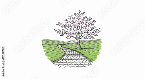 A cobblestone path leads through rolling green fields to a blooming tree
