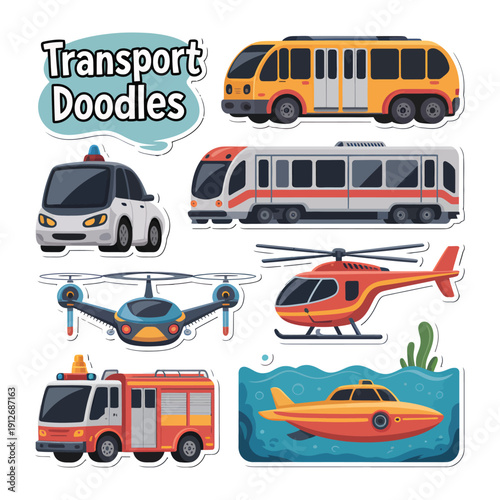 Transportation Doodle Collection: A vibrant compilation of diverse transport vehicles, presented in a delightful, hand-drawn doodle style, perfect for illustrating themes of travel, city life.