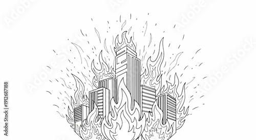 A black and white sketch depicts city buildings engulfed in flames