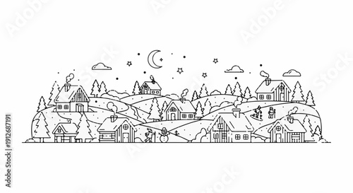 A charming winter village scene under a starry night sky with moon