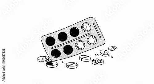 A blister pack of black and white pills lies on a white surface with scattered loose pills