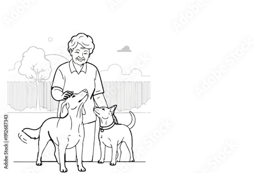 A cheerful elder pets two dogs in a fenced yard with a tree and clouds