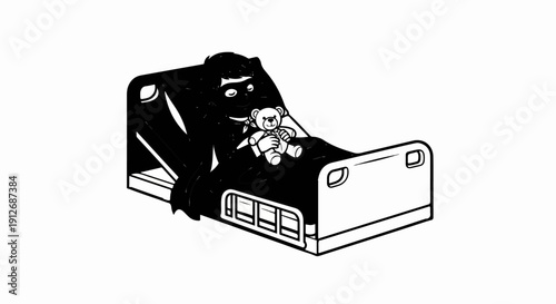 A dark figure holds a teddy bear in a hospital bed