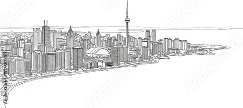 A detailed sketch of a coastal city skyline featuring towering skyscrapers and a dome stadium