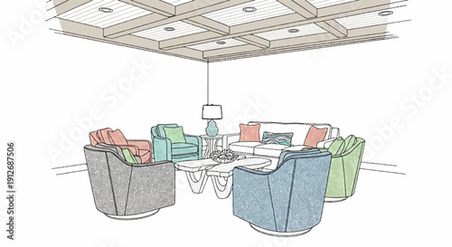 A detailed sketch of a living room with colorful armchairs and a sofa