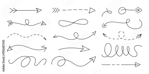 Set of various hand drawn doodle arrows for navigation, indication, and highlighting information