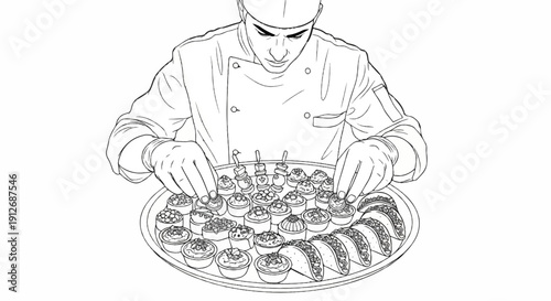 A chef prepares a platter of appetizers and tacos, presented with care