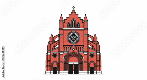 A detailed, stylized depiction of a grand red brick cathedral with a rose window