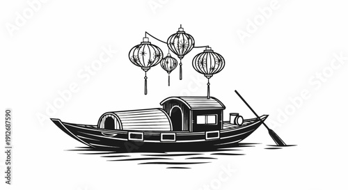 A boat adorned with lanterns floats on rippling water, propelled by an oar