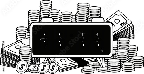 A collection of coins and banknotes piled around a dark rectangle