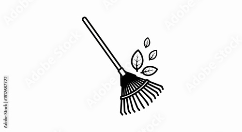 A black and white illustration of a rake gathering fallen leaves