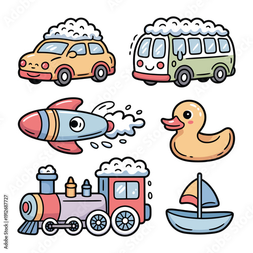 Cute Transport Icons: A delightful assortment of colorful and cheerful transport icons, perfect for any design project. Featuring a car, bus, rocket, duck, train, and sailboat. 