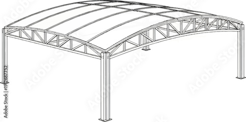 A detailed wireframe illustration of a modern, open-air structure with a curved, segmented roof
