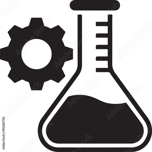 Black and white icon of a laboratory erlenmeyer flask with a gear symbolizing science and industry isolated on white background, illustration