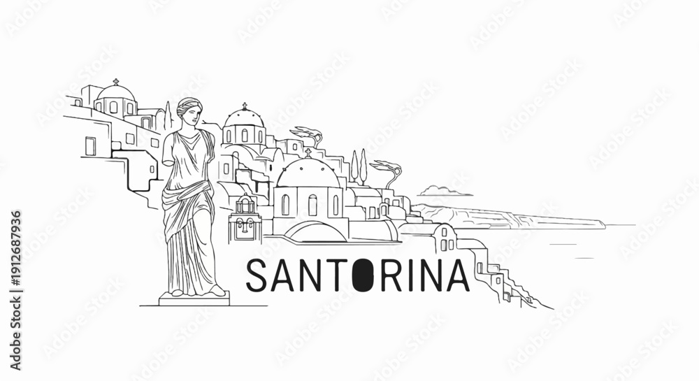 Obraz premium A black and white sketch of a Greek island village with a classical statue