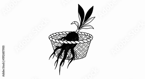 A black and white illustration of a root vegetable in a basket