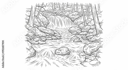 A black and white sketch of a forest stream flowing over rocks and a small waterfall