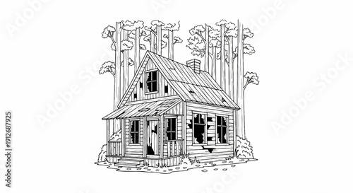 A dilapidated wooden cabin sits amidst a dense forest with broken windows and weathered wood