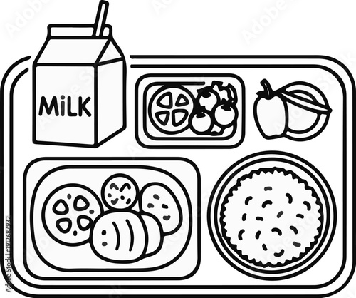 A black and white illustration of a school lunch tray with food items