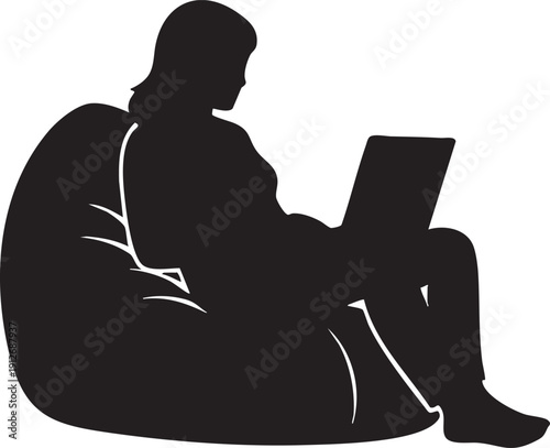 Person sitting on a beanbag with a laptop on their lap silhouette isolated on white background minimalist freelancer and remote work illustration