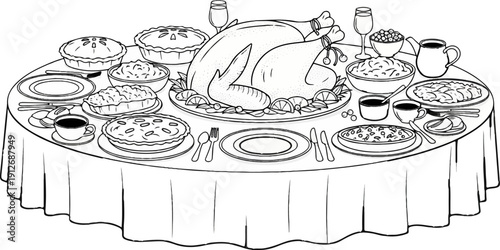 A bountiful spread of a whole roasted turkey, pies, and side dishes on a table