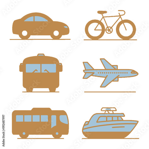 Transportation Icons: A collection of simple, stylized transportation icons, including car, bicycle, bus, airplane, boat, representing various modes of transport