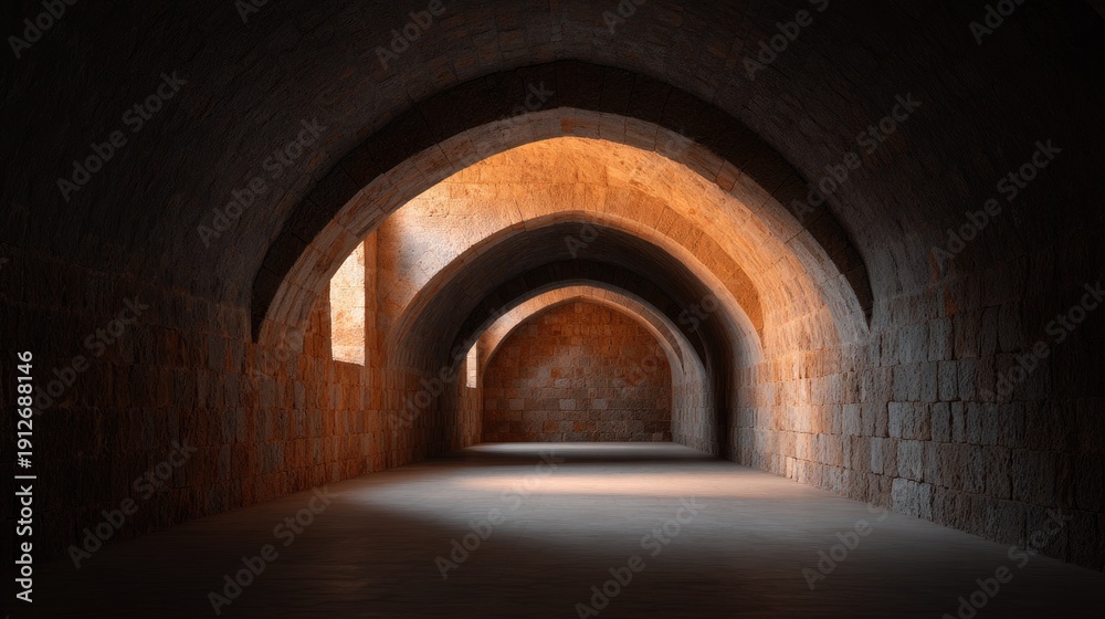 Fototapeta premium Serene Archway Interior in Ancient Stone Hall with Warm Lighting and Shadows Creating an Inviting Atmosphere for Architectural Enthusiasts