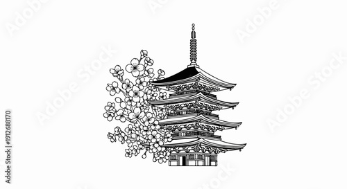 A black and white sketch of a pagoda next to cherry blossoms