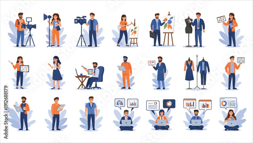 Flat vector bundle of diverse people scenes. Men and women in different activities and scenarios for concept illustrations.