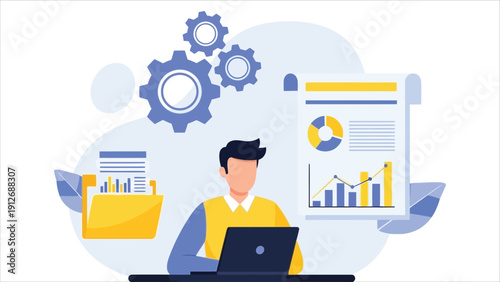 Man using laptop at tidy desk with floating interface elements. Concept of digital workflow, productivity, and tech workspace