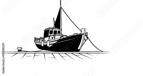 A docked fishing boat with a single sail, tied to a bollard