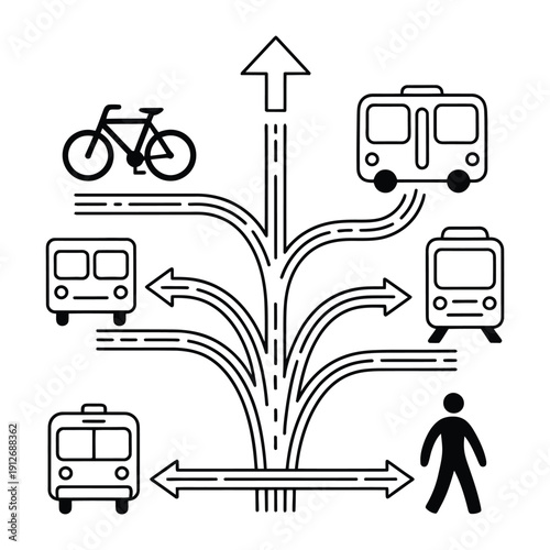 Urban Transport Choices: An illustration depicts diverse modes of urban transport, branching out from a central point, symbolizing the myriad options available for city dwellers.