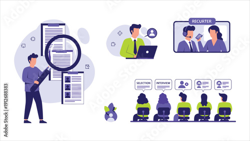  Flat vector illustration set of workplace hiring. Includes job interviews, recruiter evaluation, and employee selection scenes.